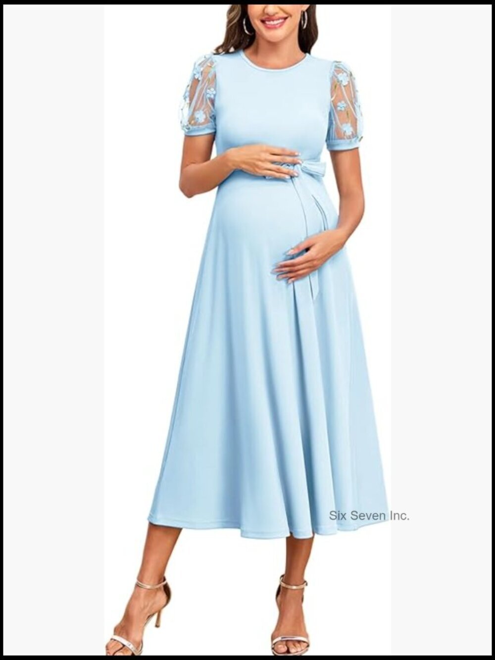 Elegant 3D Floral Mesh Sleeve Maternity Dress Ribbed Knit Midi A-Line Belted